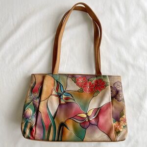 Anushka Butterfly Floral Hand Painted Leather Tote Shoulder Bag Purse Satchel